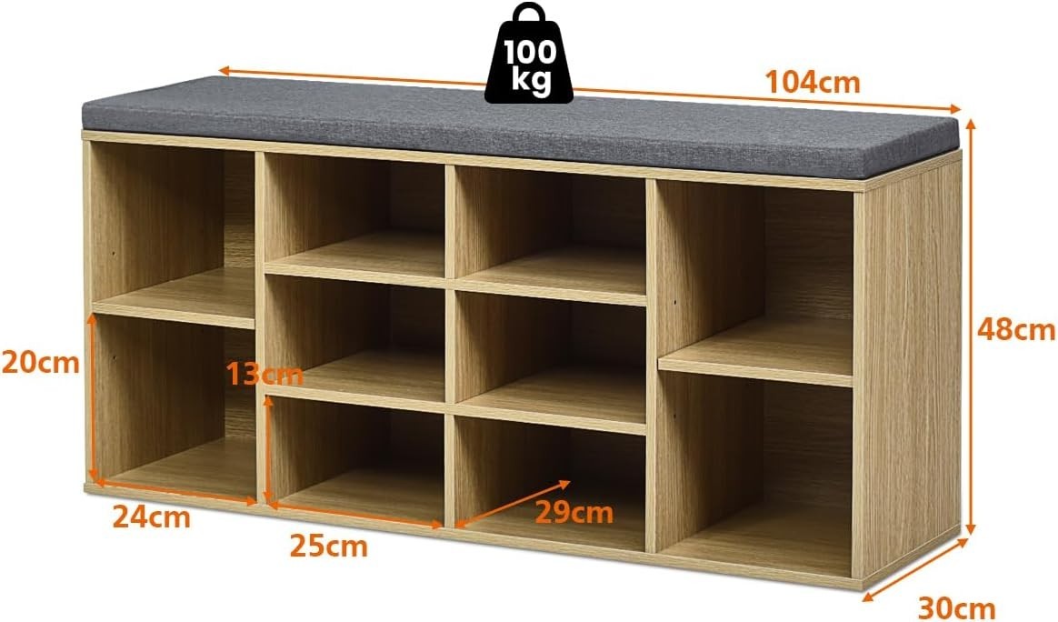Shoe Storage Bench with Cushion & Adjustable Shelves 104x30x48cm Natural