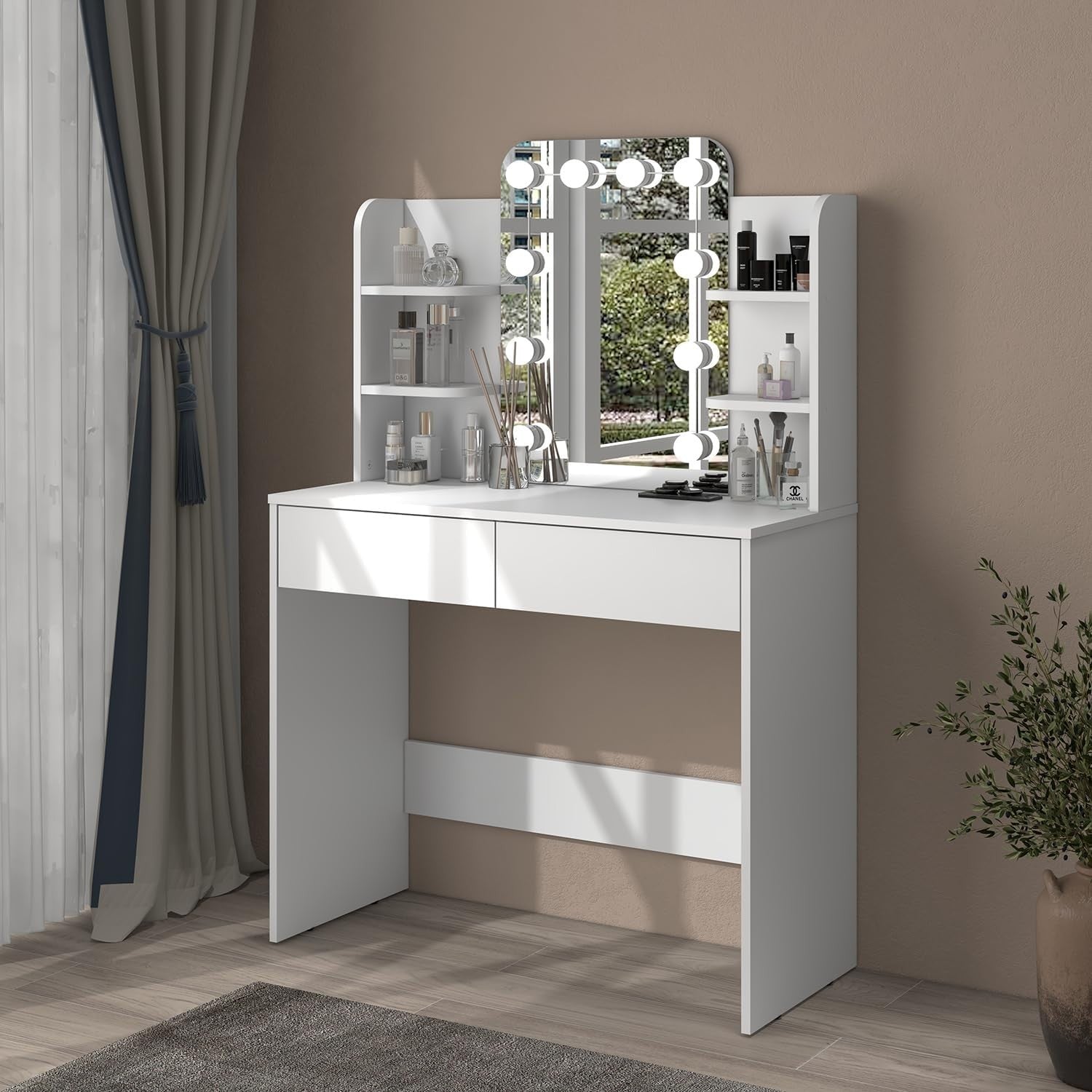 Hollywood LED Vanity Dressing Table Makeup Desk 2 Drawers Storage White Modern