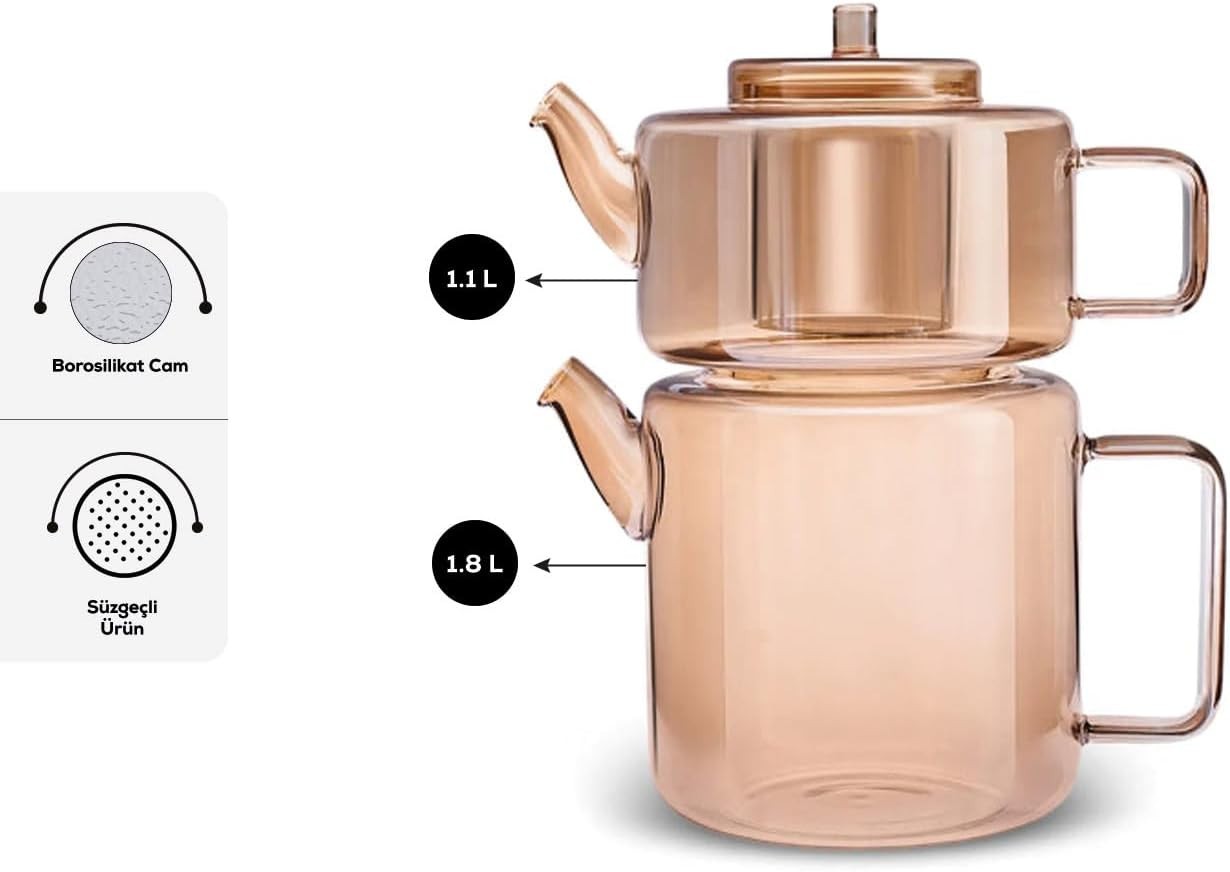 Amber Glass Teapot Set Dual Chamber 1.8L Borosilicate Tea Maker