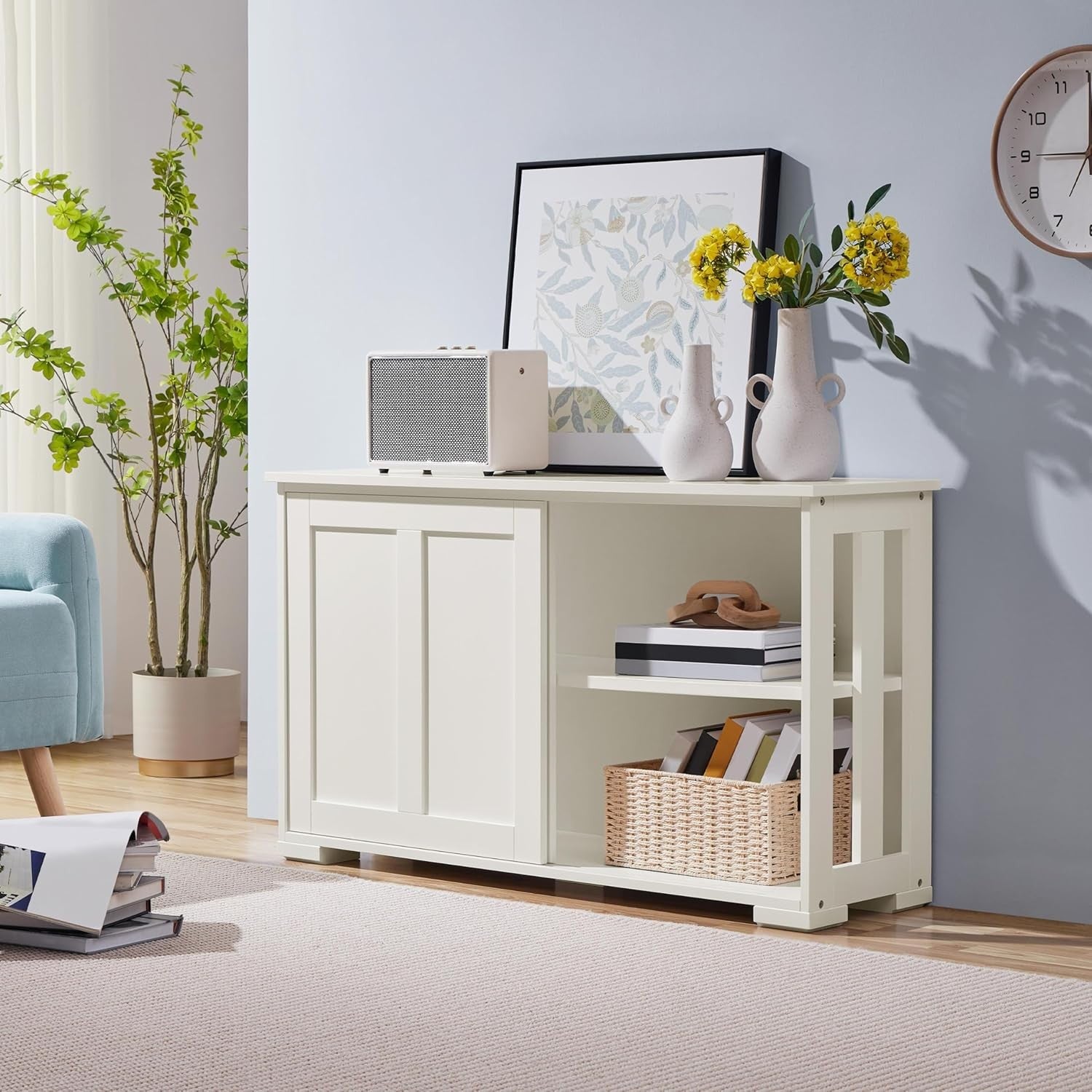 Set of 2 White Sideboard Buffet Cabinets | Sliding Door Storage Units Shelv