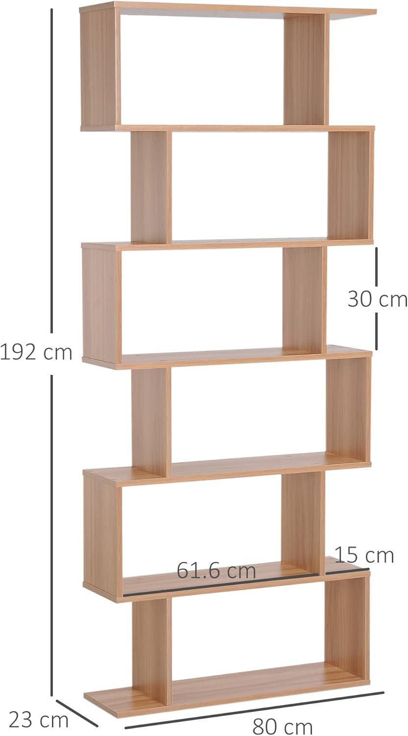 Modern S-Shape 6-Tier Bookcase Maple Wood Room Divider Display Shelf Unit