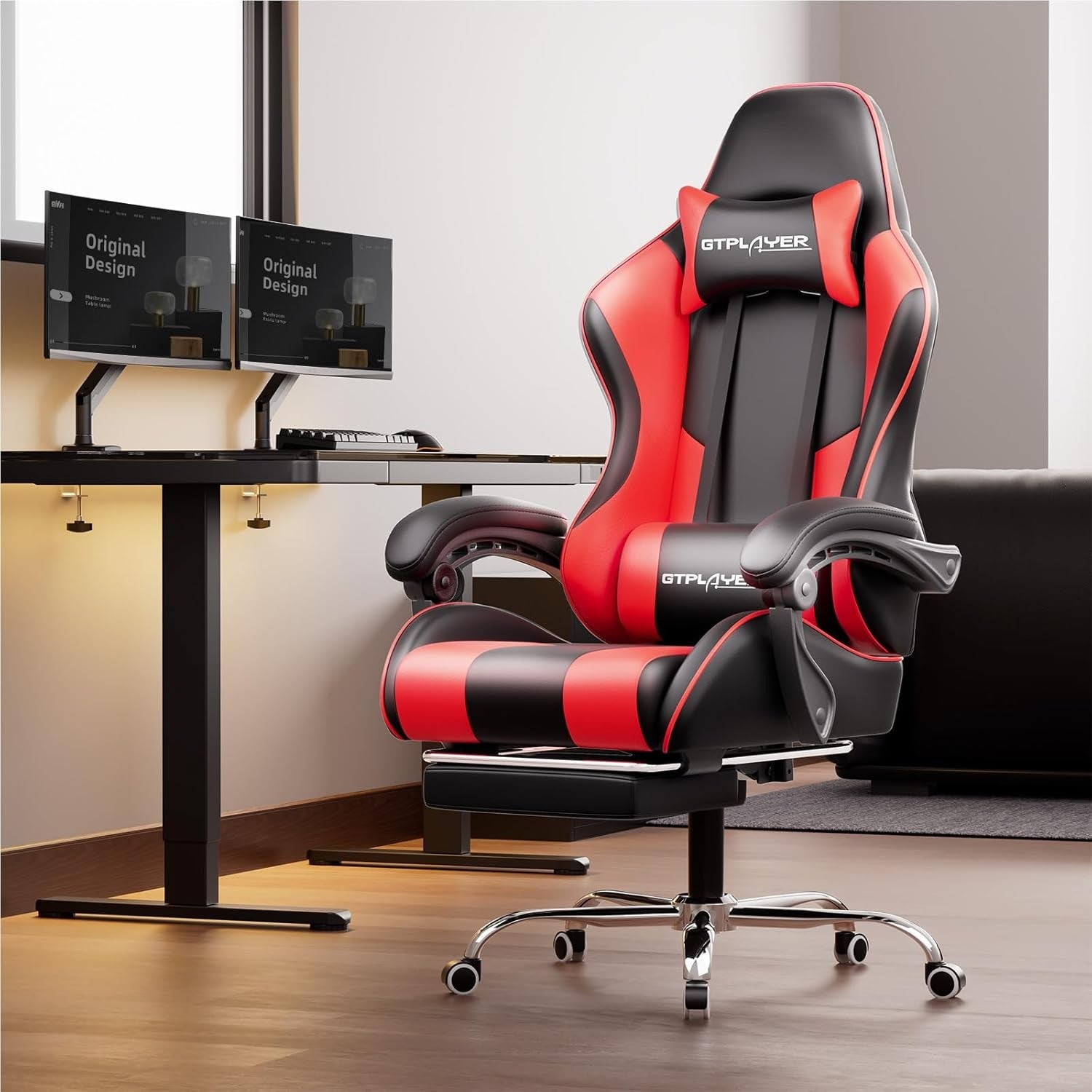 Ergonomic Gaming Chair Massage Lumbar Footrest Red Recliner