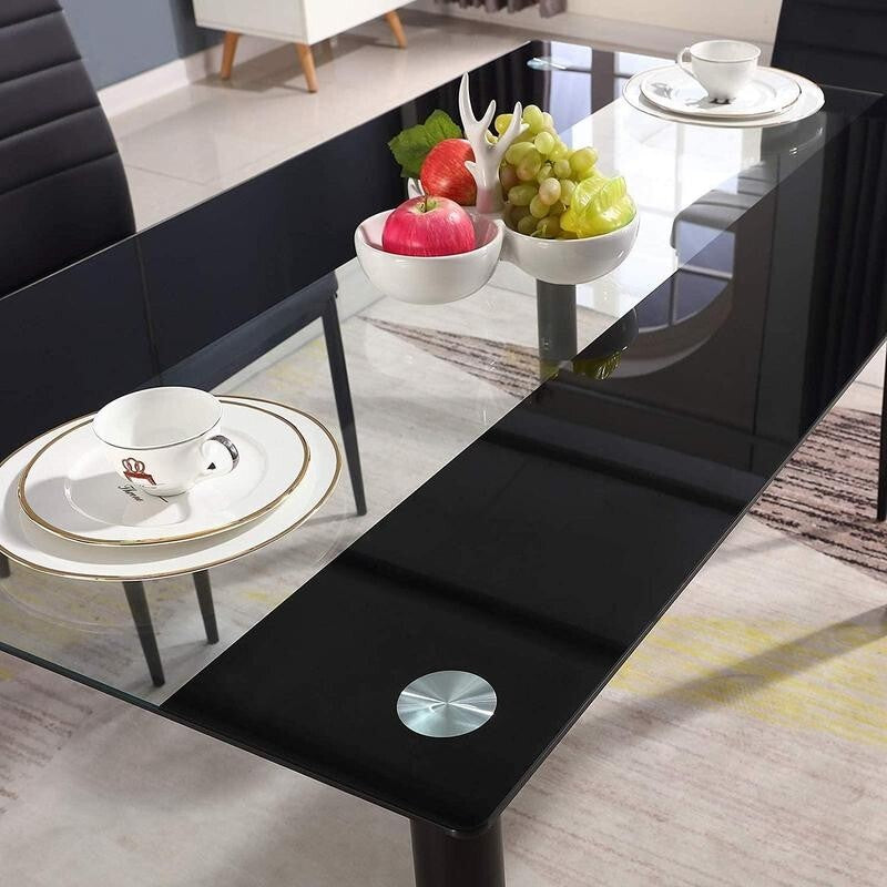 Clear Glass Dining Table Set with 6 Faux Leather Chairs Modern Kitchen