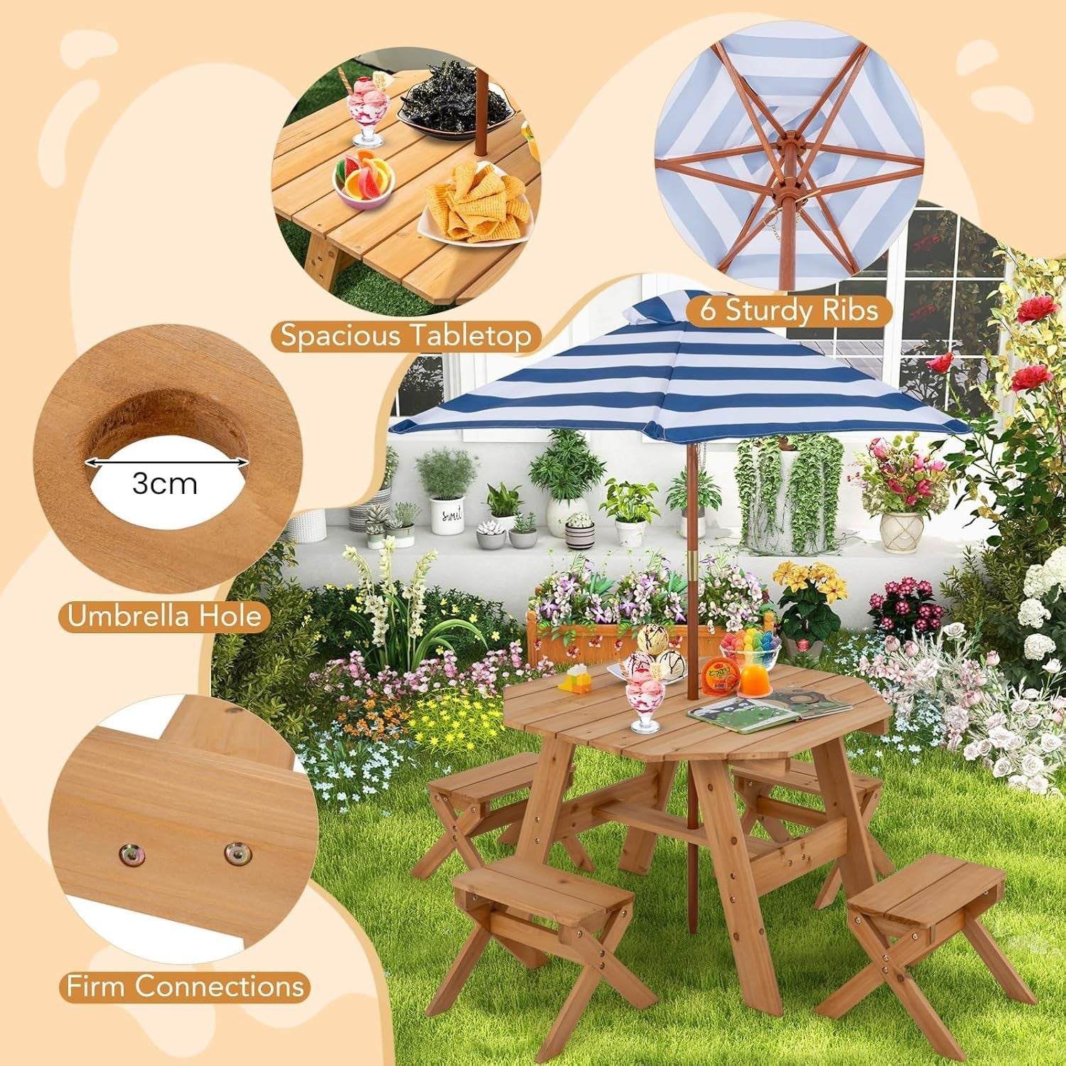 Wooden Kids Picnic Table Set with 4 Stools & Adjustable Umbrella Outdoor