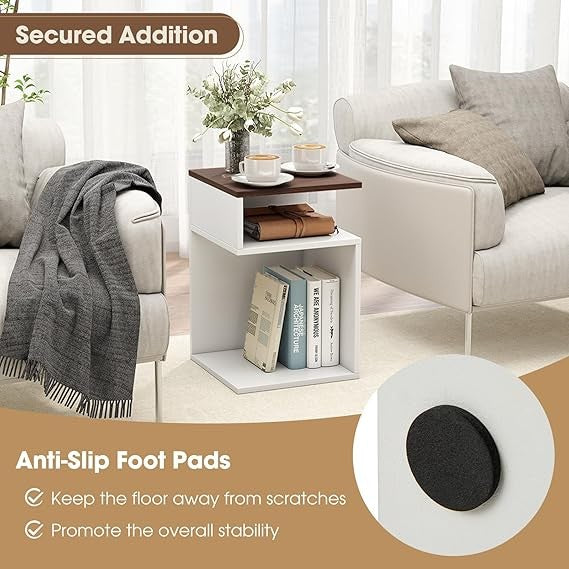 COSTWAY S-Shaped End Table, Narrow Sofa Side Table with 2 Open Storage Shelves,