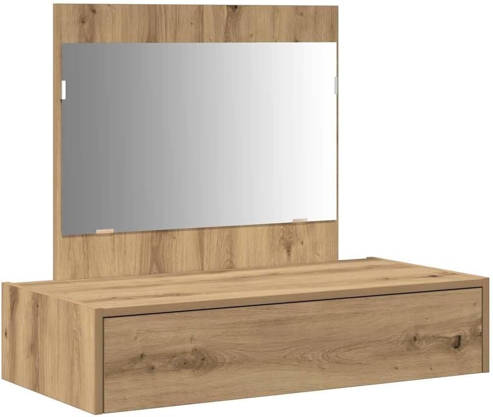 Modern Oak Wood Vanity Desk Dressing Table Mirror 1 Drawer Storage Makeup Unit