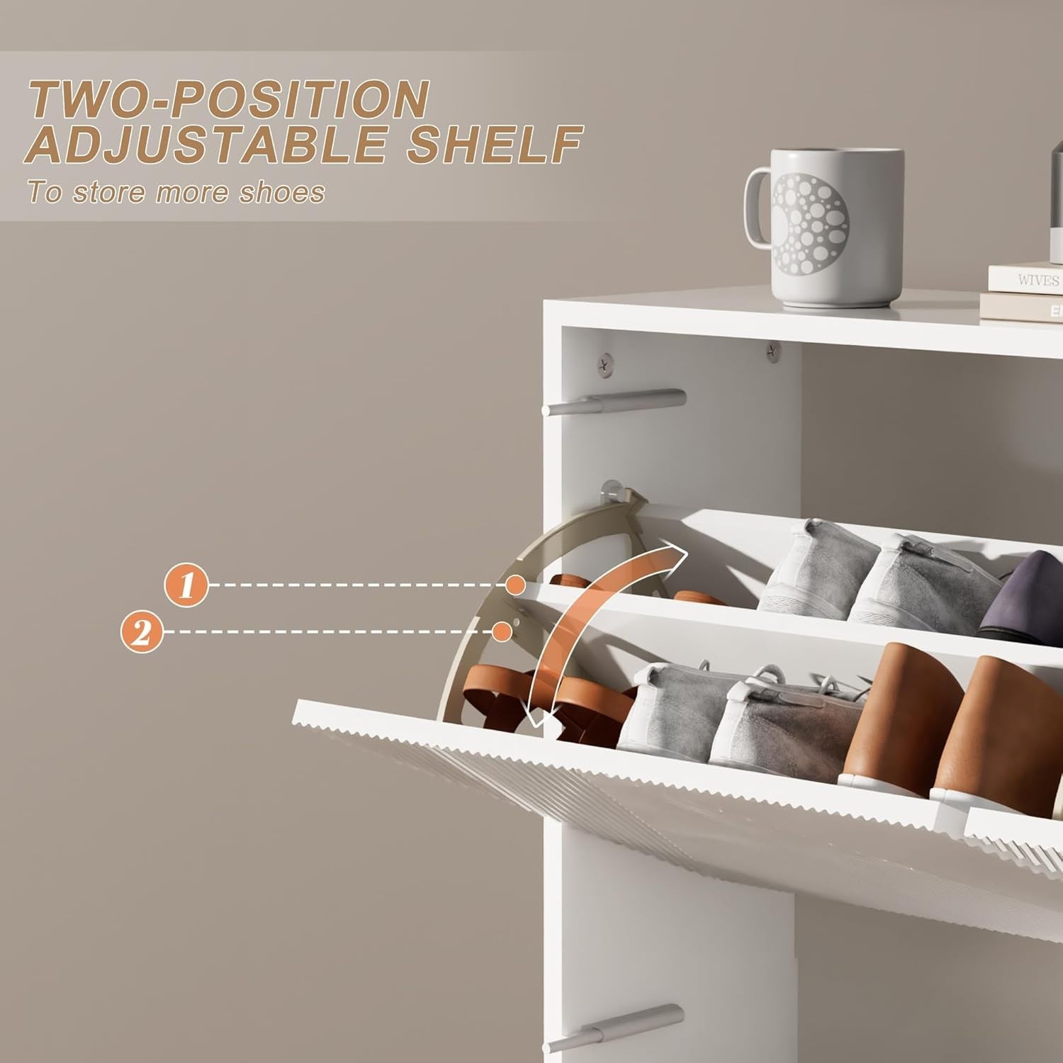 White Slim Shoe Cabinet Storage | 3 Flip Drawers, Anti-Tip, 131cm Tall