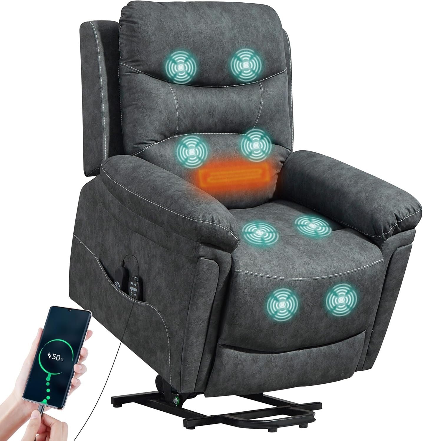 Power Lift Recliner Chair Massage Heat PU Leather USB Port Side Pockets Grey