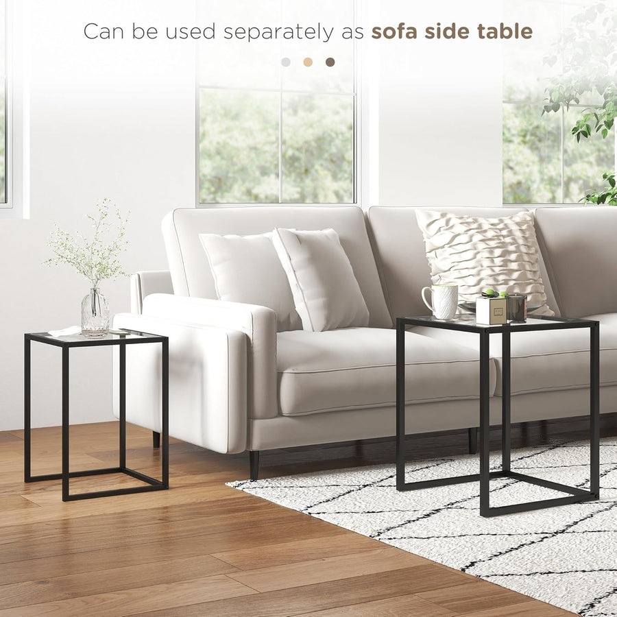 Black Nesting Coffee Table Set of 2 Square Tempered Glass Side End Tables
