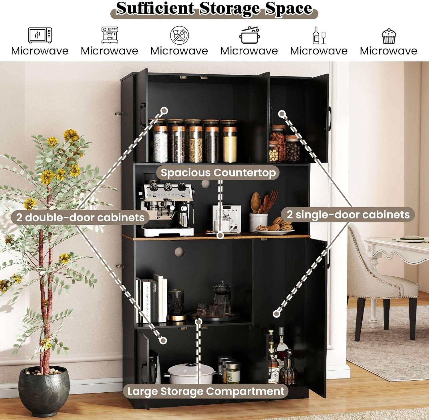 180cm Tall Kitchen Cupboard Black 6 Doors Pantry Cabinet with Power Outlet