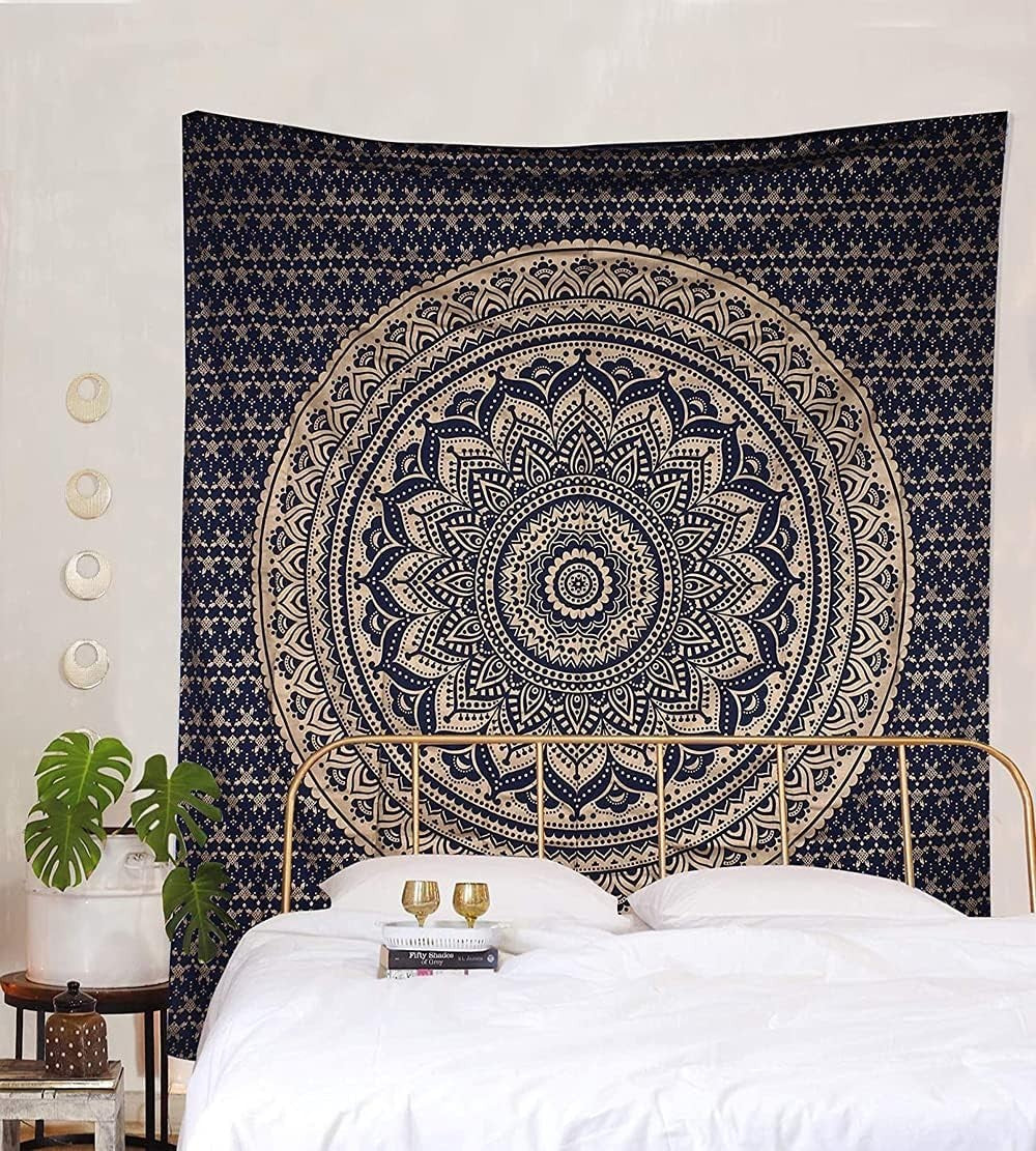 Boho Blue Gold Mandala Tapestry 82x92" Cotton Wall Hanging