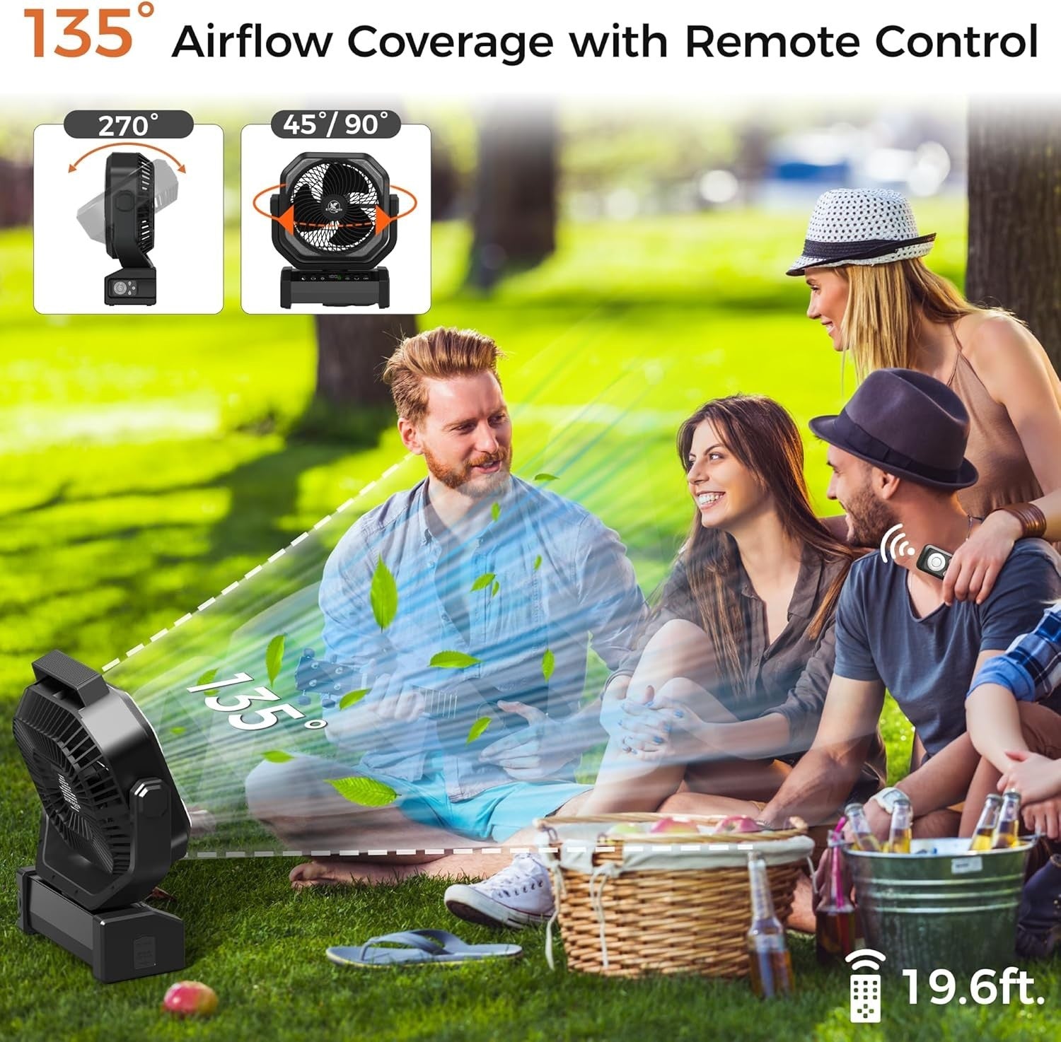 Black Camping Fan – Quiet 20000mAh Rechargeable LED Light w/ Remote & 9 Speeds