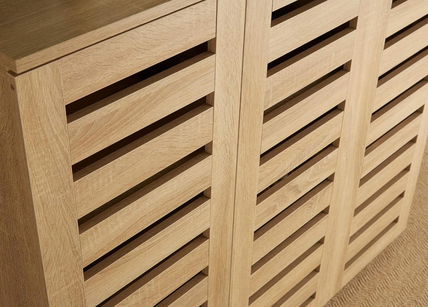 Oak 3 Door Wooden Shoe Cabinet with Slatted Doors, Large Storage Cupboard