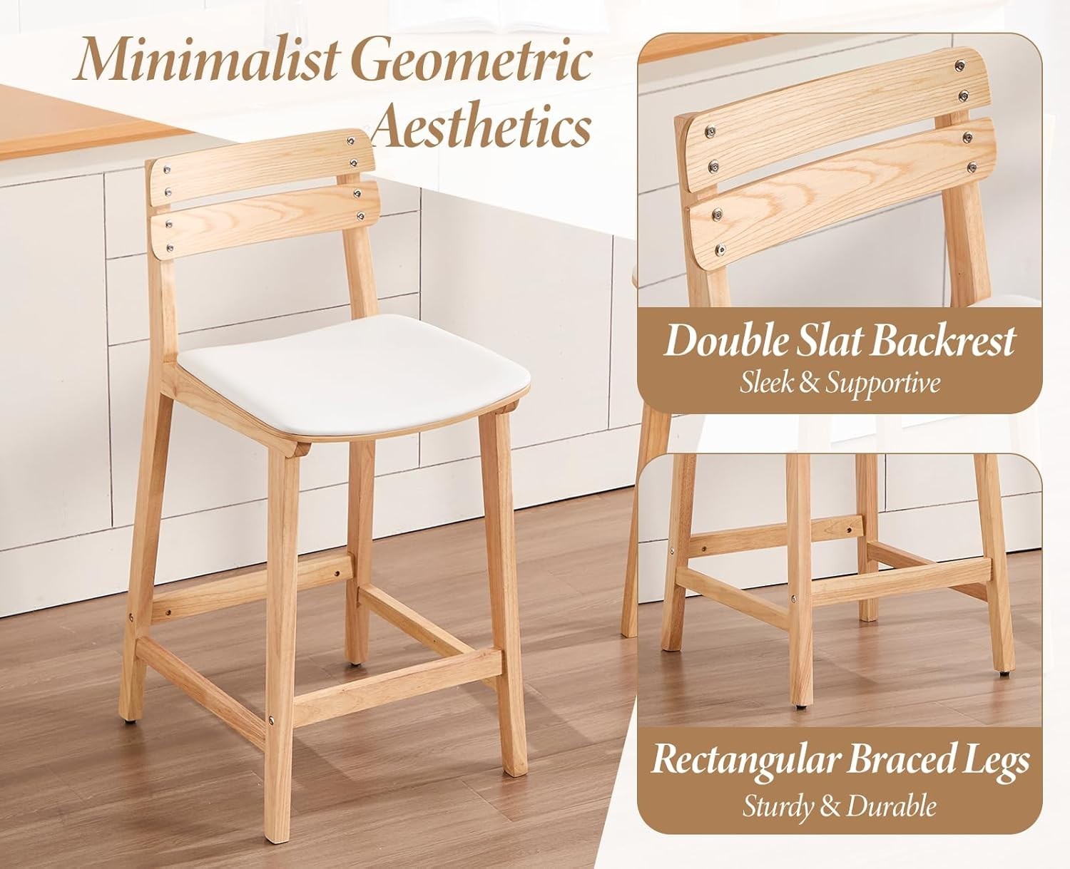 Wood Bar Stools Set of 2 Beige PU Leather Farmhouse Counter Chairs