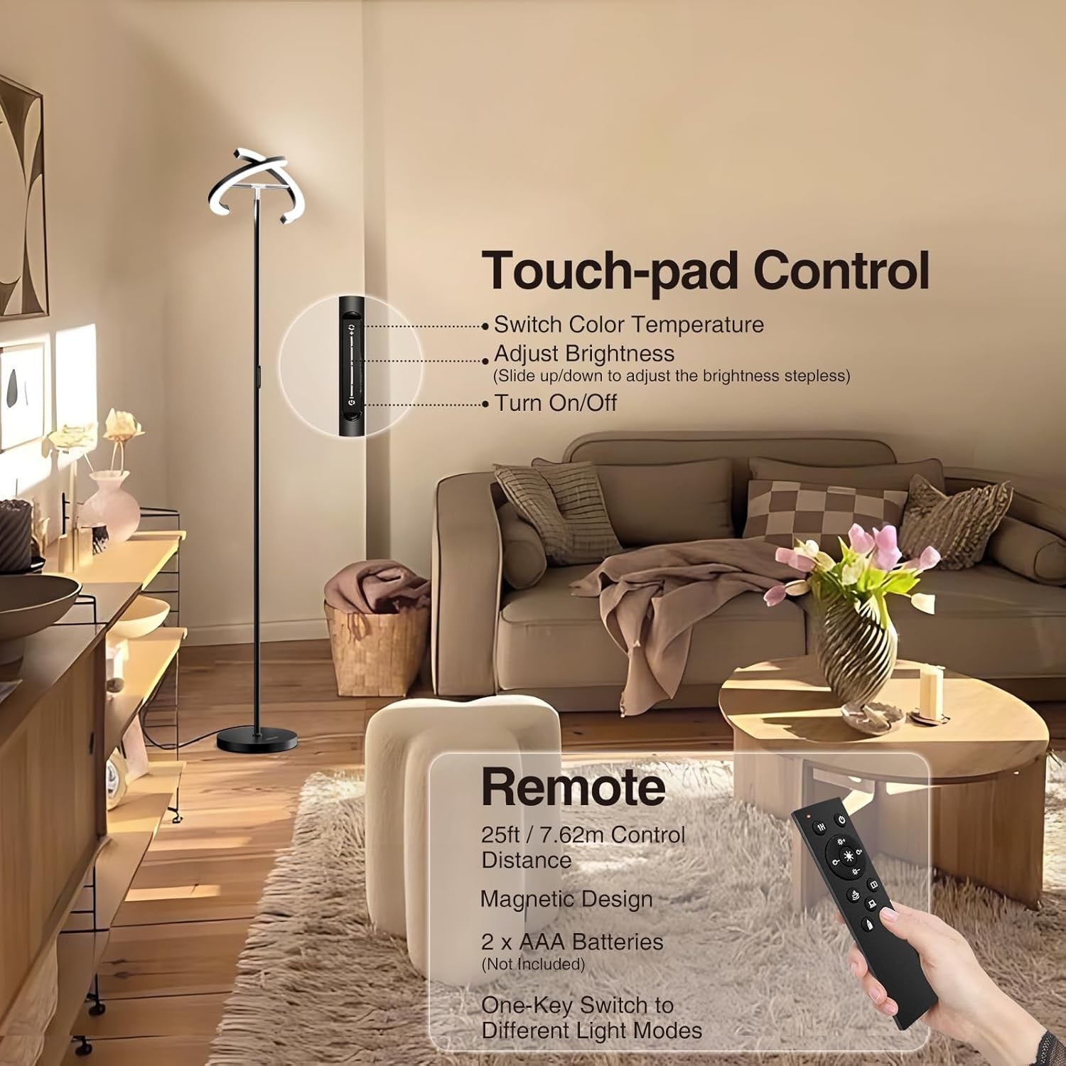 Modern LED Uplighter Floor Lamp Dimmable Remote Touch 3000–6000K 22W Light