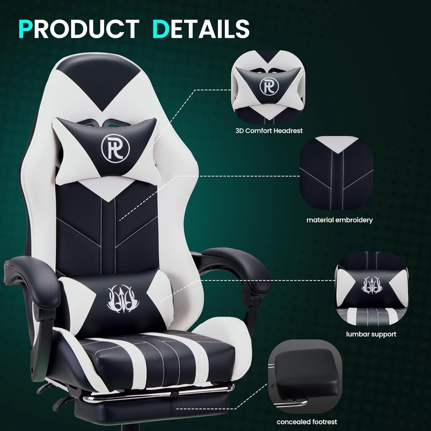 Ergonomic Gaming Chair with Footrest & Lumbar Support – White PC Seat