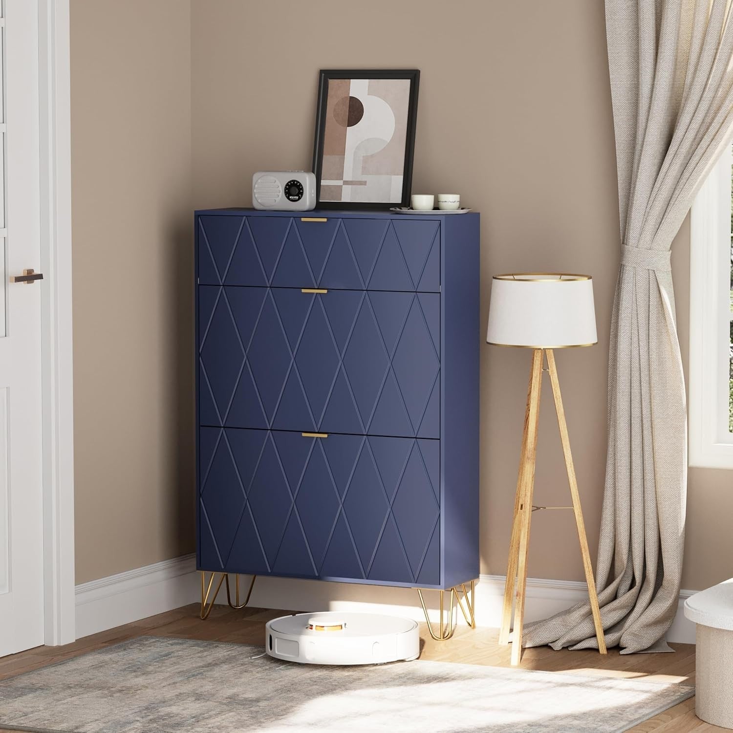 Navy Blue Tilting Shoe Cabinet 3 Compartments Hidden Shelf Storage 80x24x120cm