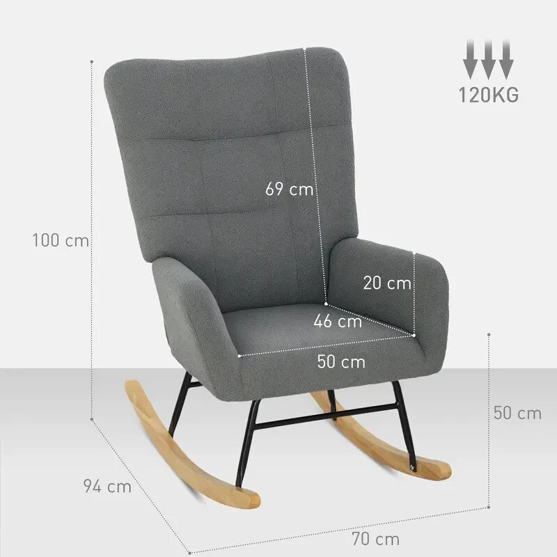 Grey Teddy Rocking Chair Armchair with Wood Base for Lounge Bedroom