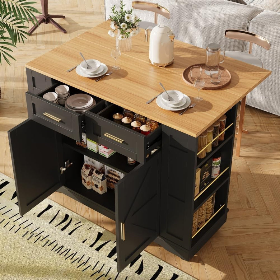 Rolling Kitchen Island Cart with Foldable Worktop, 2 Drawers & Storage Racks