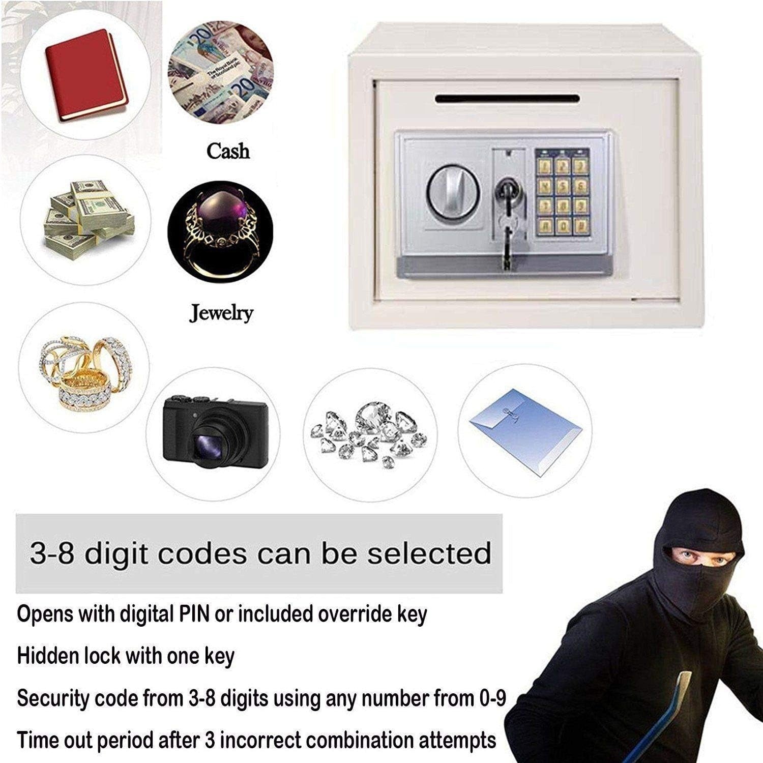 16L Digital Safe Box Electronic Keypad Cash Document Security White