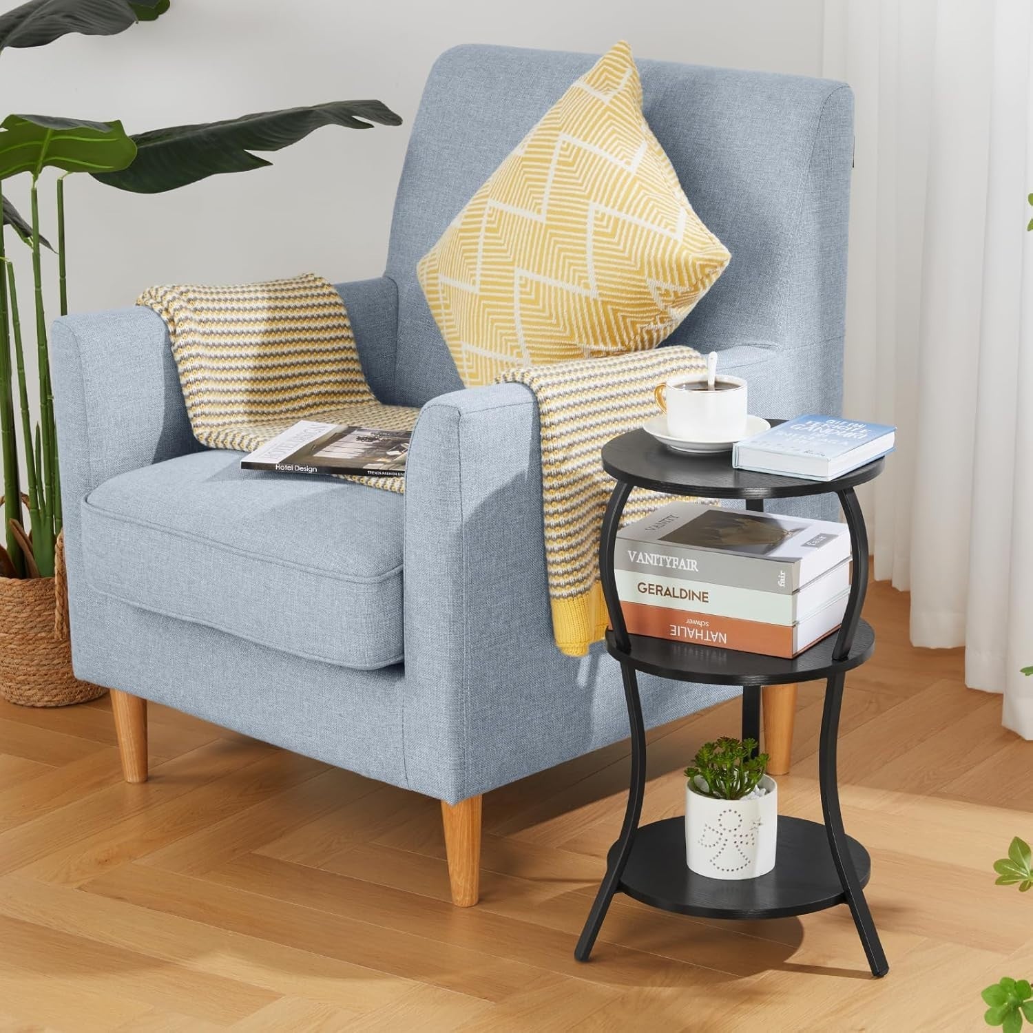Black 3-Tier Round Side Table 30x30x55 cm | Slim End Table w/ Storage