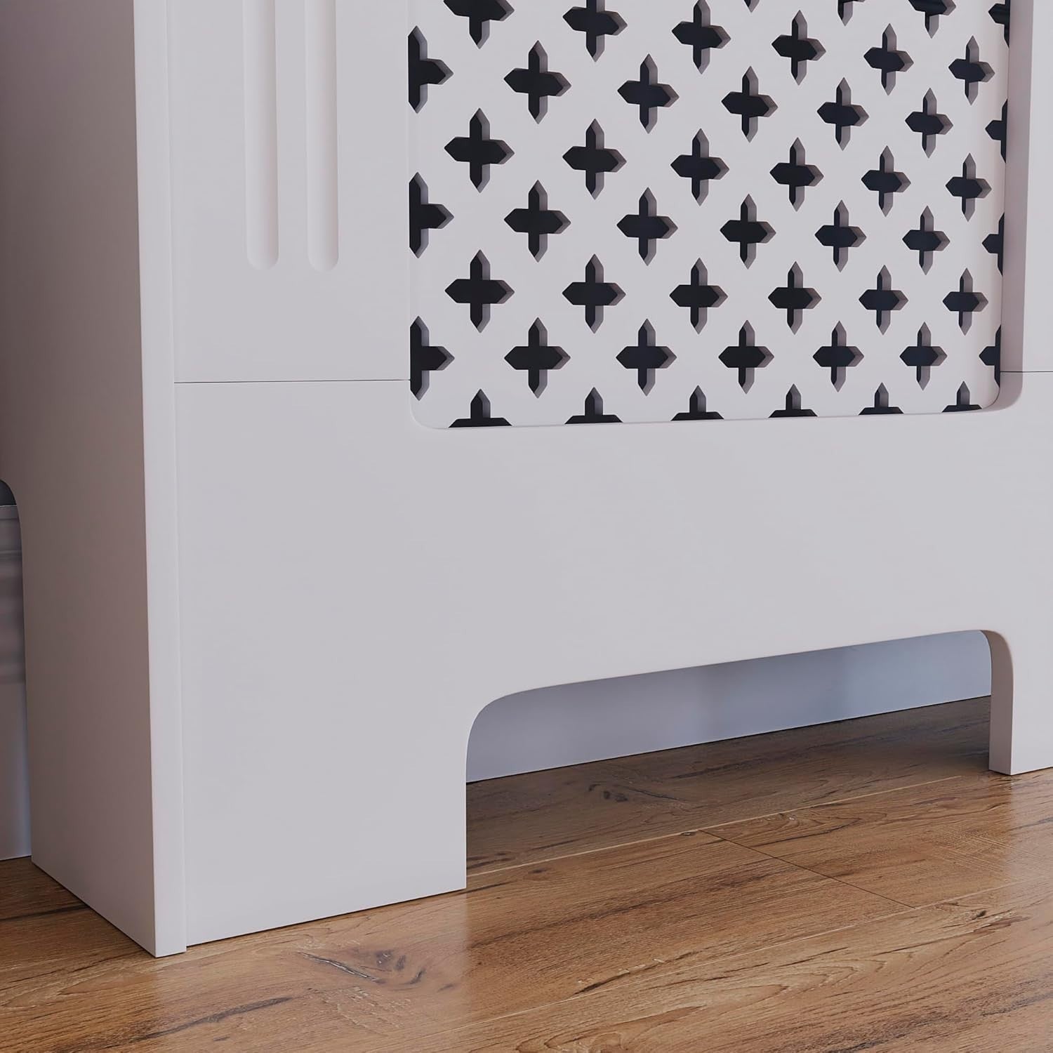 Medium White Radiator Cover | Traditional Cross Pattern MDF Cabinet