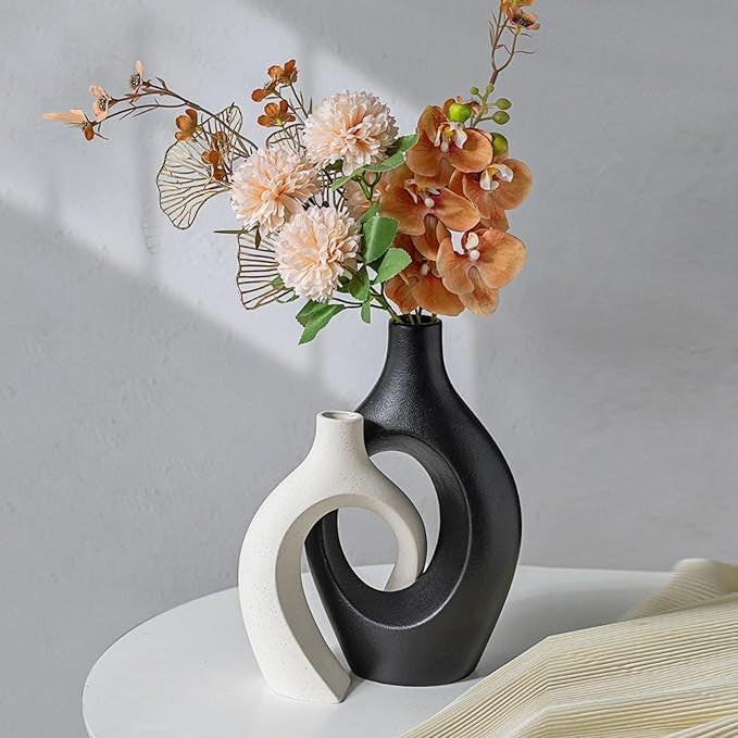 XL Hollow Ceramic Vase Set of 2 Modern Minimalist Donut Decor for Pampas