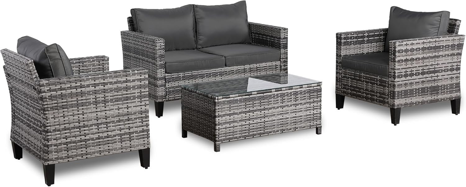 4 Seater Rattan Garden Sofa Set with Coffee Table All Weather Patio Lounge