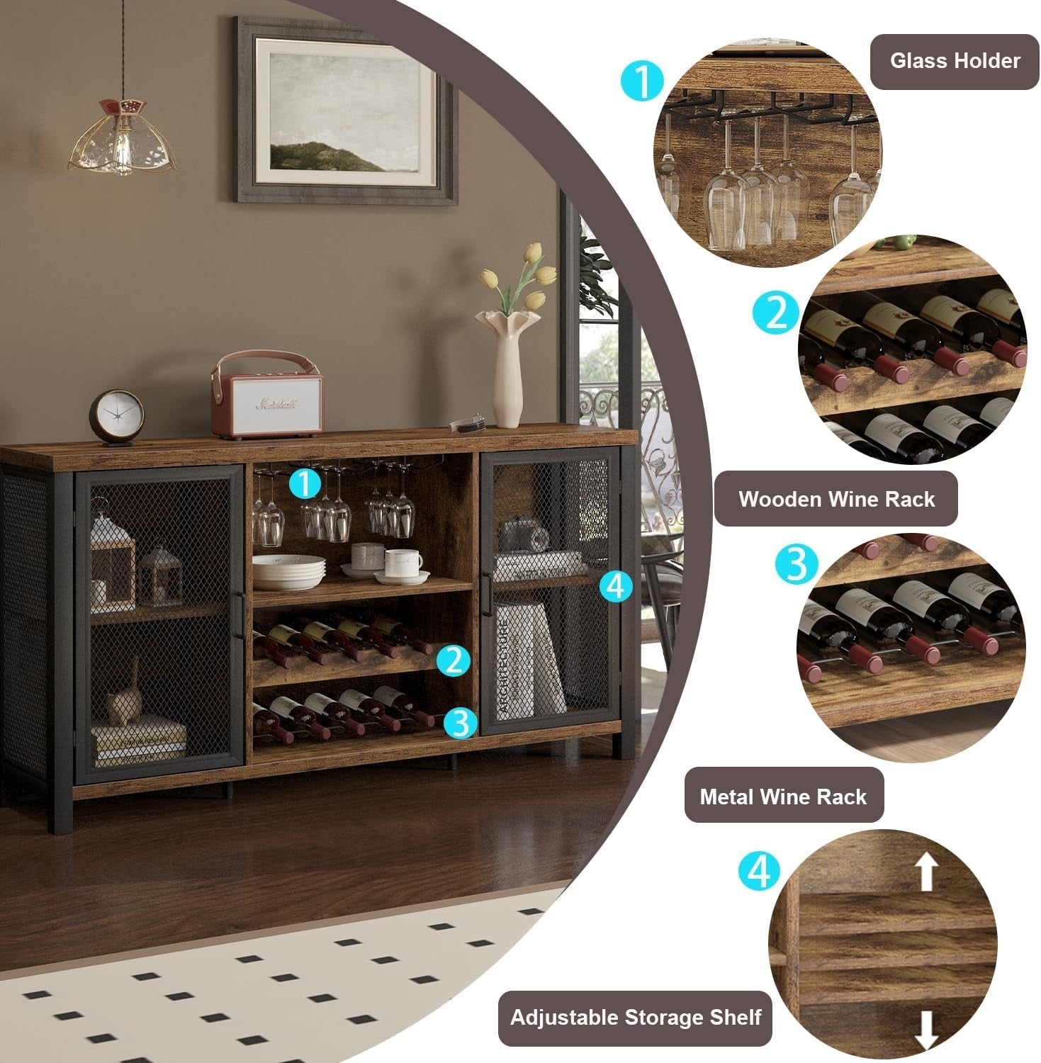 Rustic Industrial Bar Sideboard Cabinet with Wine Rack Glass Storage 140cm