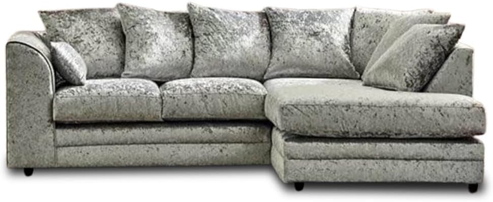 Silver Crush Velvet L-Shaped Sofa Settee – Foam Filled, Fire Resistant Couch