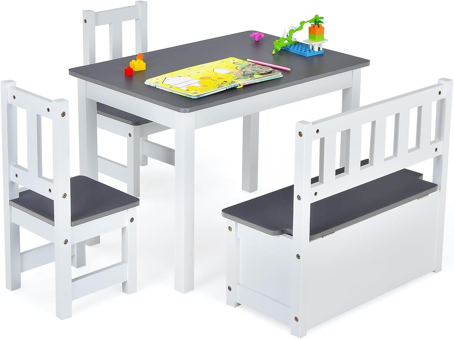 Kids Wooden Table Chair Set with Storage Bench – Grey Toddler Activity Desk