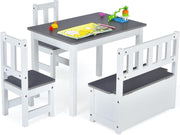 Kids Wooden Table Chair Set with Storage Bench – Grey Toddler Activity Desk