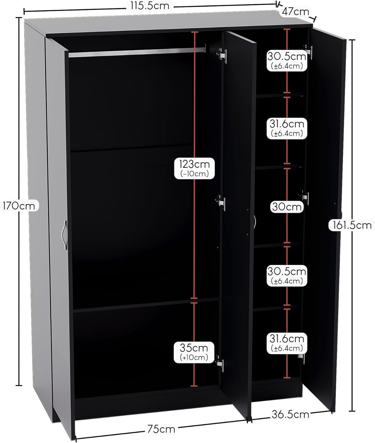 Black 3 Door Wardrobe with Shelf & Rail Modern Bedroom Storage