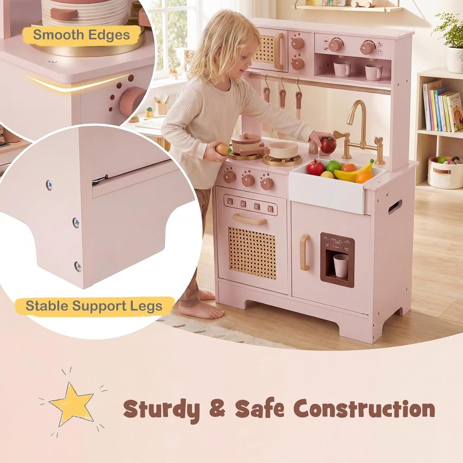 Kids Wooden Play Kitchen w/ Lights Sounds Ice Maker Coffee Pink