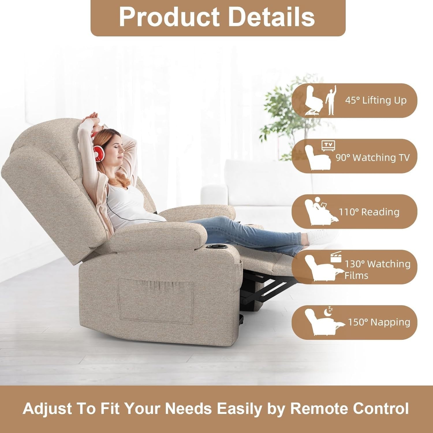 Power Lift Recliner Chair Massage Heat w/ Footrest USB Ports Cup Holders Cream