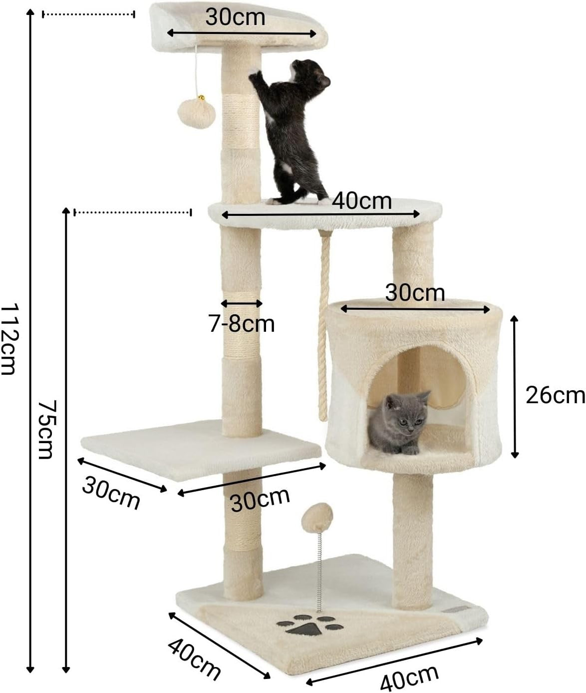 Cat Tree Scratching Post Tower 112cm with Condo Sisal Rope Beige White