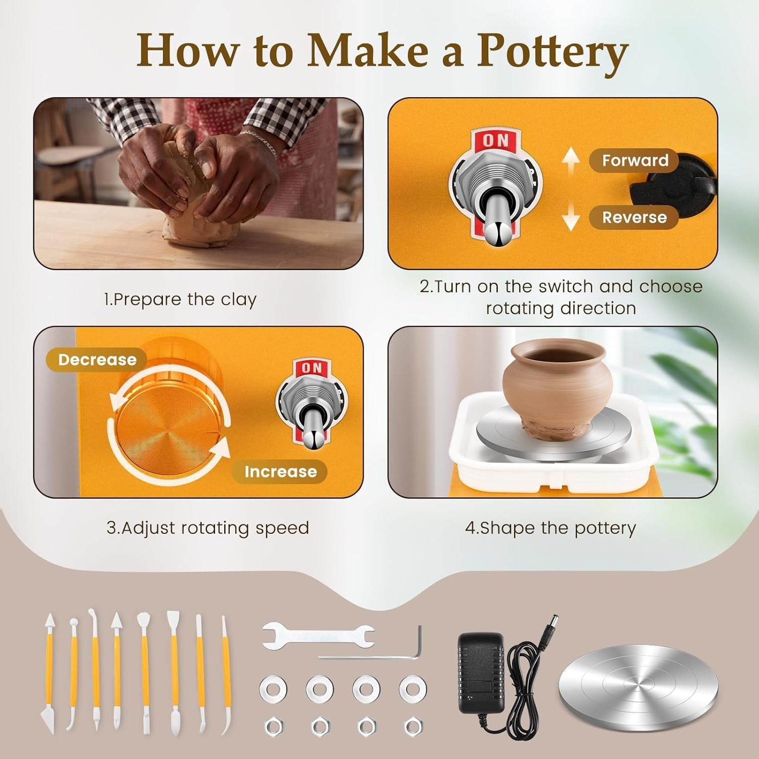 Mini Pottery Wheel Adjustable Speed Electric Ceramic Craft Kit for Kids Adults