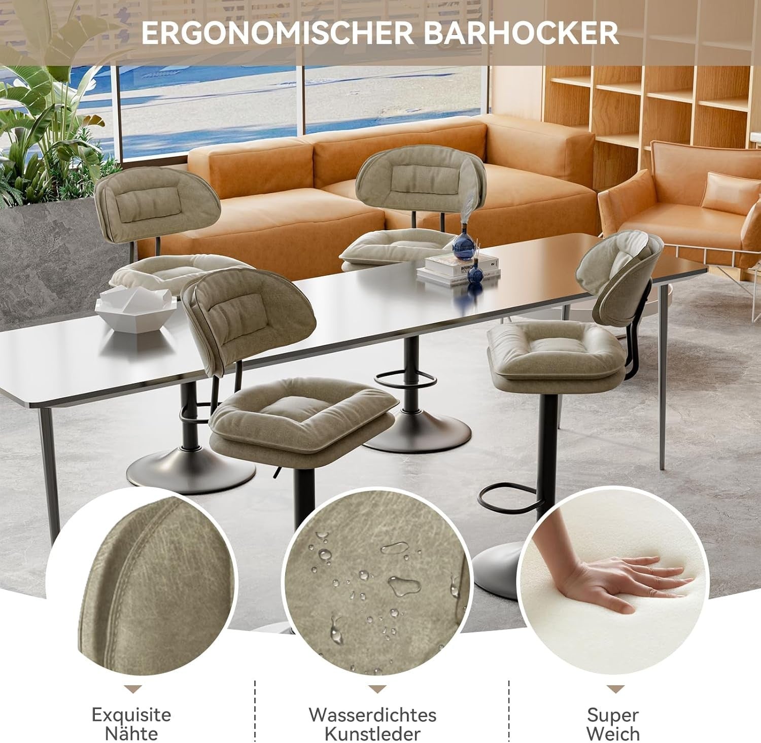 Beige Adjustable Swivel Bar Stools Set of 2 with Back Fabric Counter Height