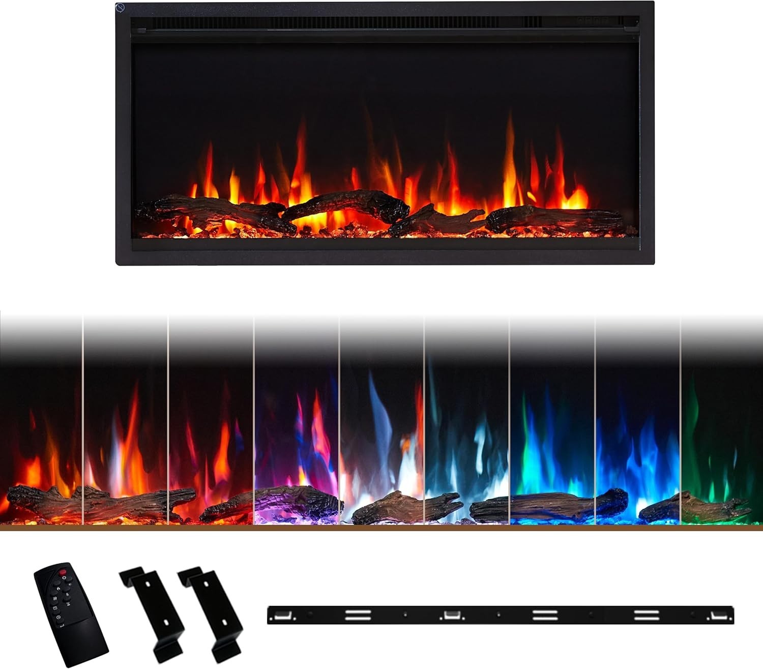 Electric Fireplace Wall Mounted Recessed 36” LED Heater Log Flame