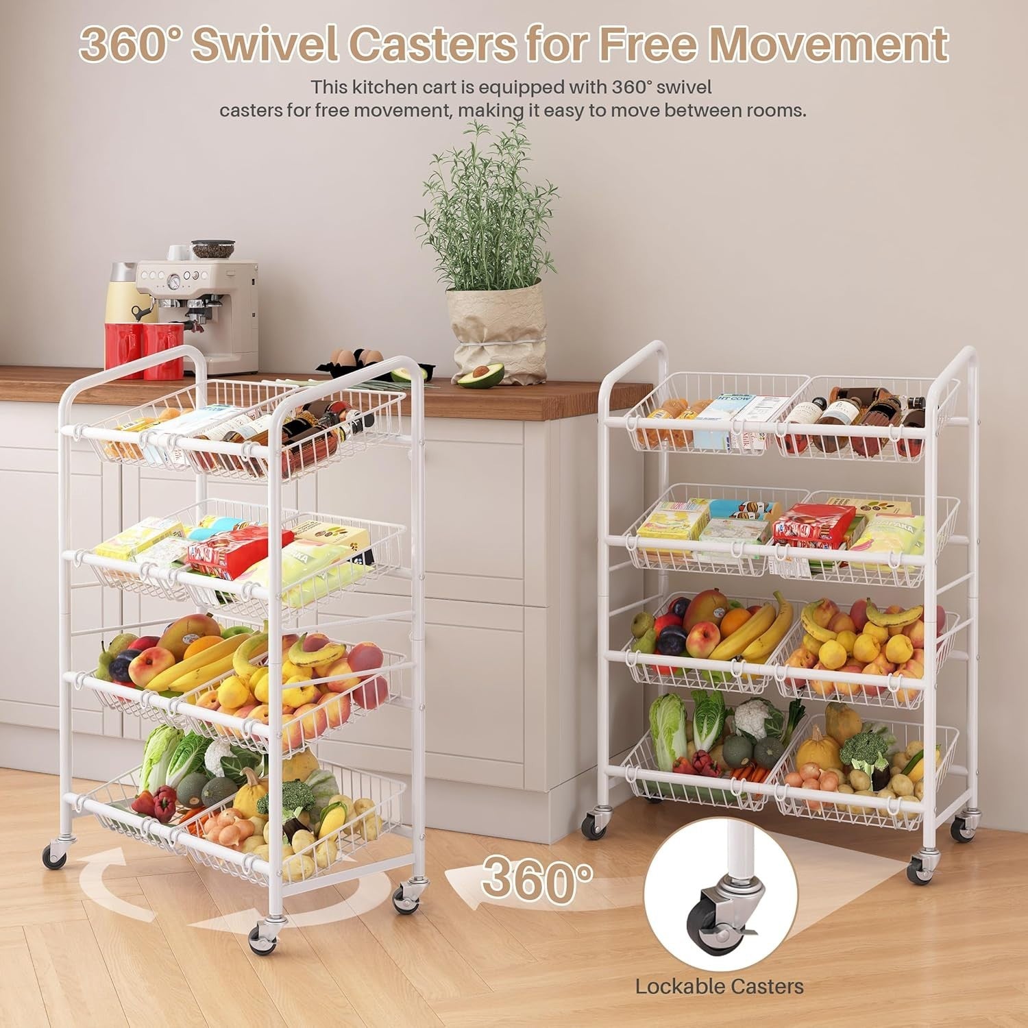 4 Tier Rolling Vegetable Storage Rack Kitchen Trolley with Wheels White