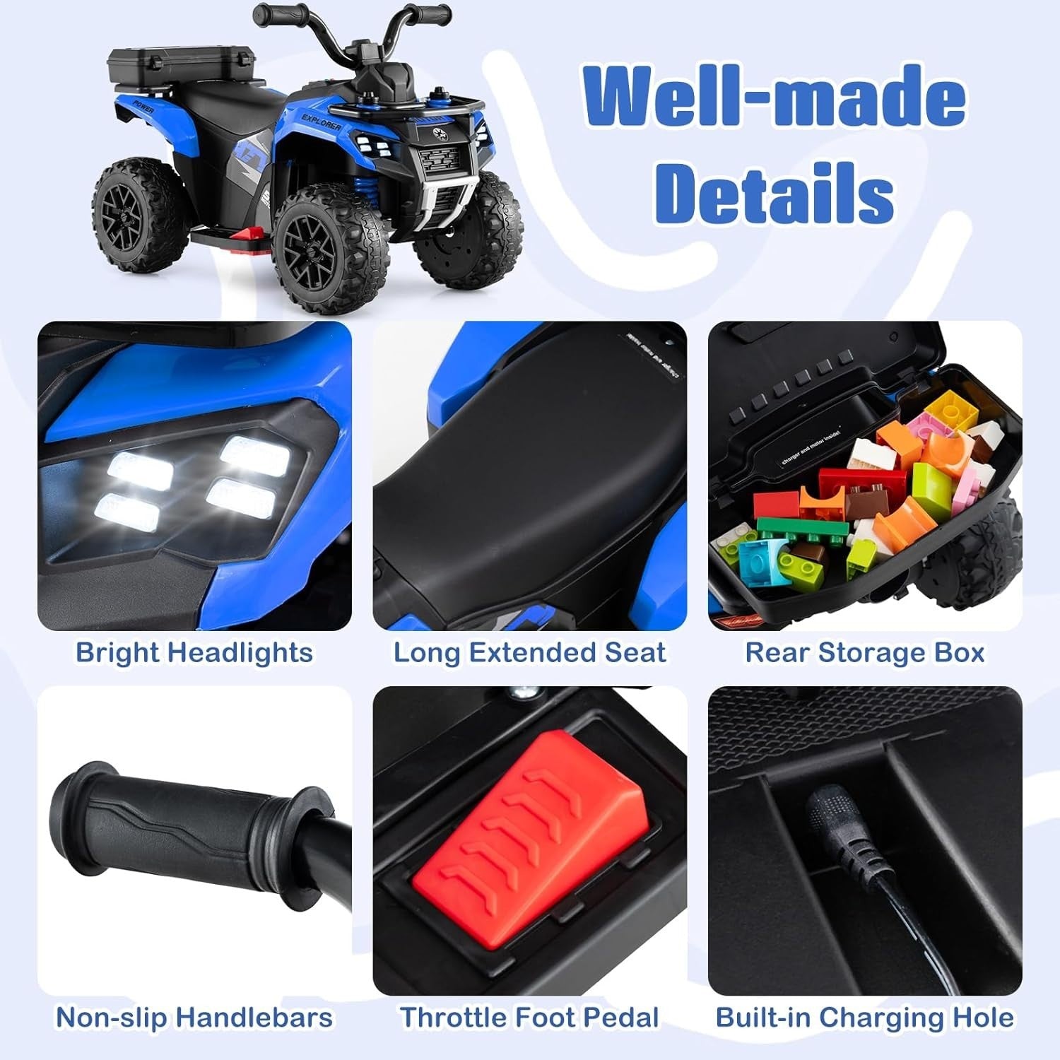 Kids Electric Quad Bike 6V Ride On ATV LED Lights Music Blue 20kg