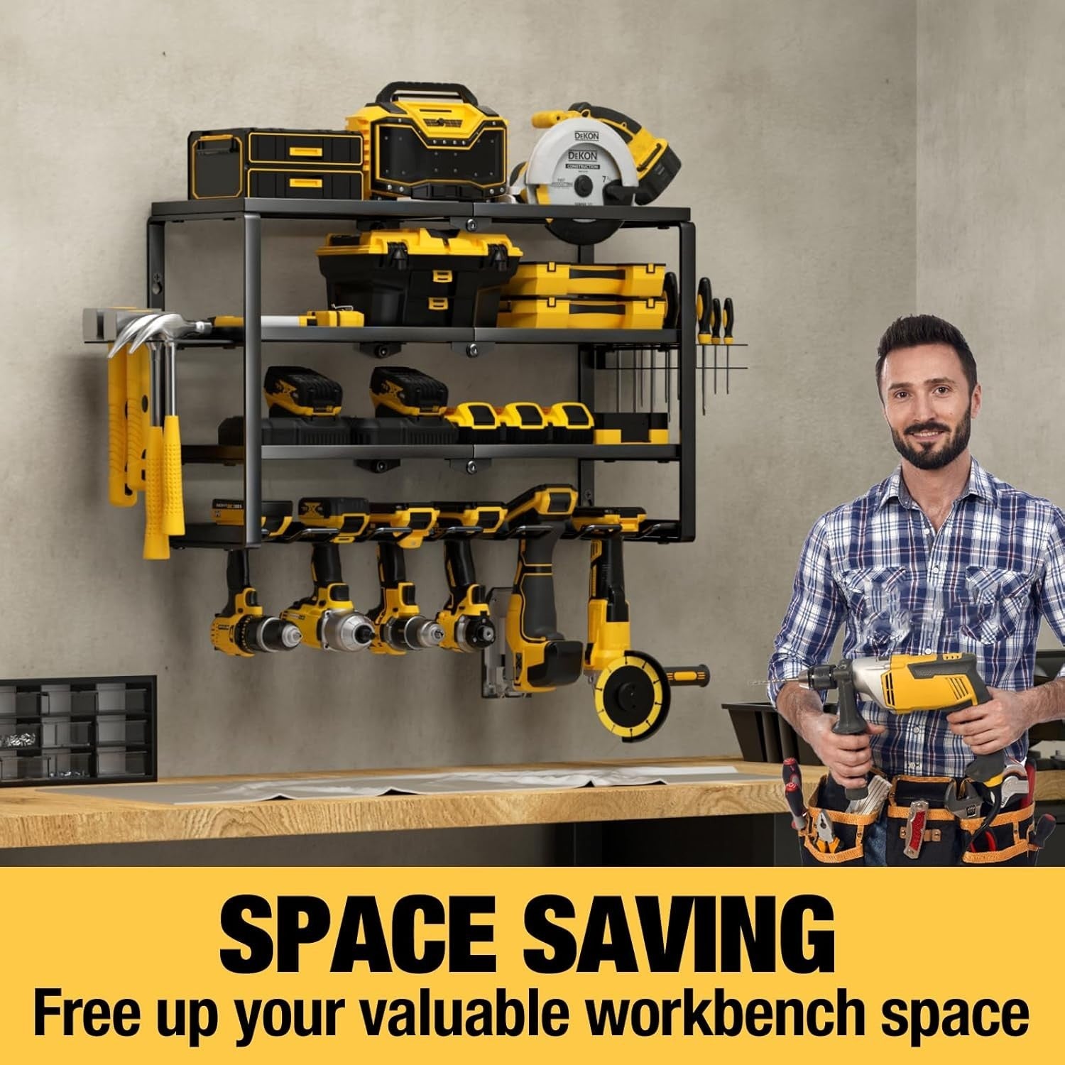 Power Tool Organizer Wall Mount 4-Layer Drill Rack Battery Tools Holder 62.2cm