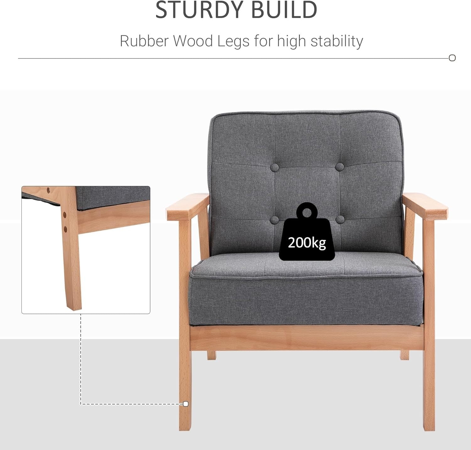 Grey Linen Armchair Wooden Frame Retro Accent Chair Lounge Seat 120kg