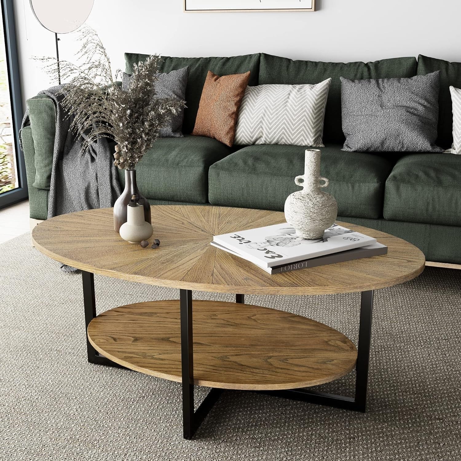 Rustic Brown Oval Coffee Table with Cross Metal Legs & 2-Tier Shelf 110cm