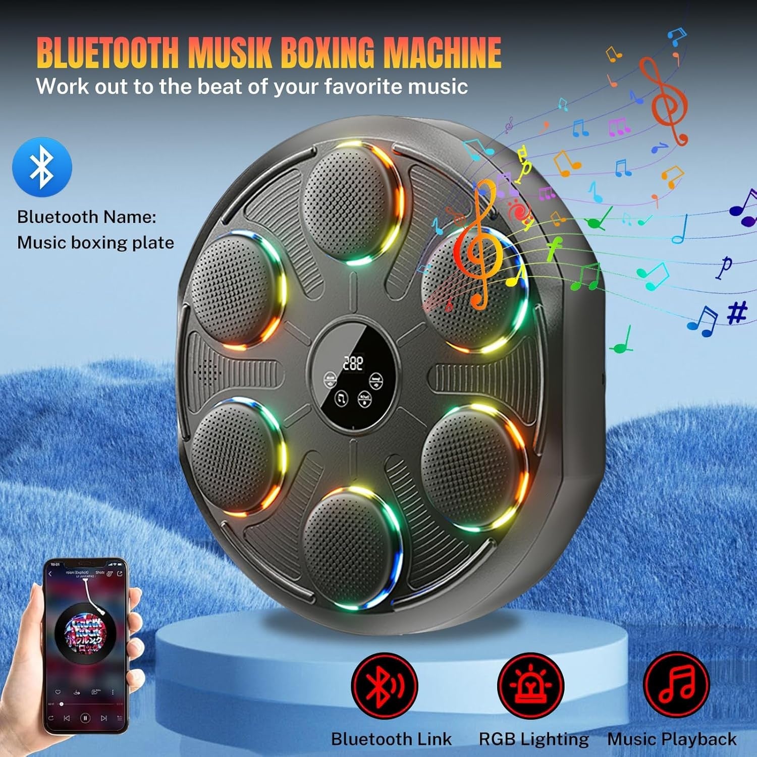 Music Boxing Machine Bluetooth LED Wall Mount Punch Trainer Home Gym Fitness