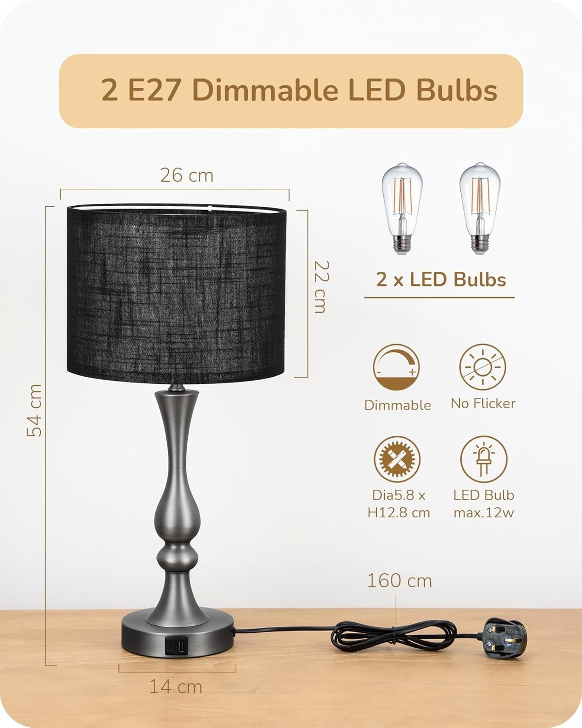 Dimmable Touch Table Lamps Set of 2 USB Charging Black Linen Shade