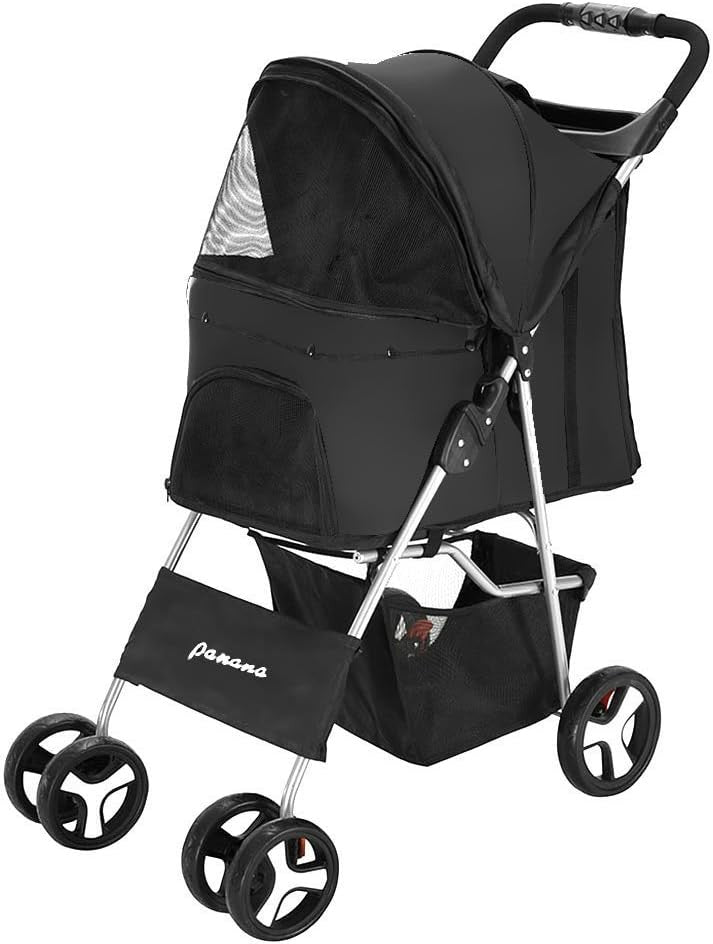 Pet Stroller Pushchair Folding 4 Wheel Dog Cat Pram Travel Carrier Black