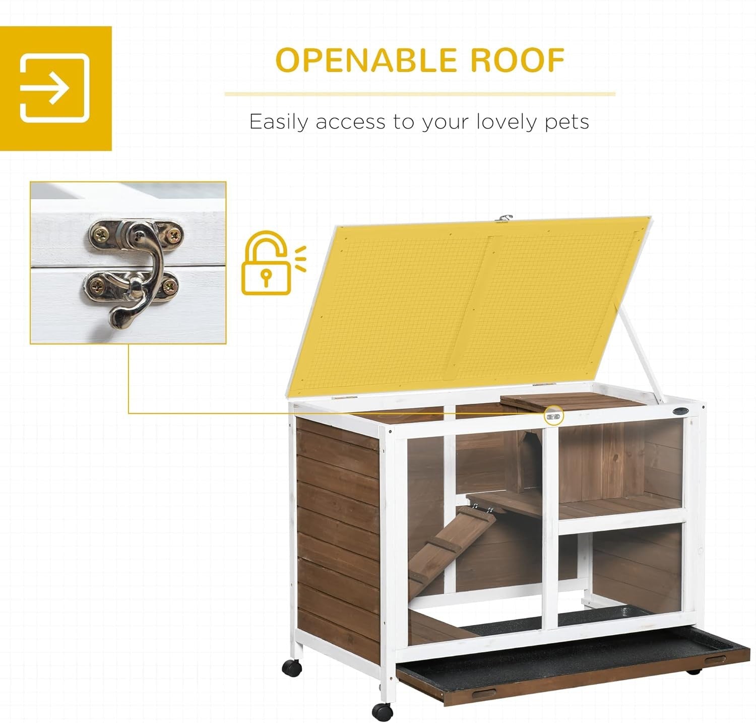 Indoor Rabbit Guinea Cage Wooden Hutch 2 Tier Wheels Open Roof