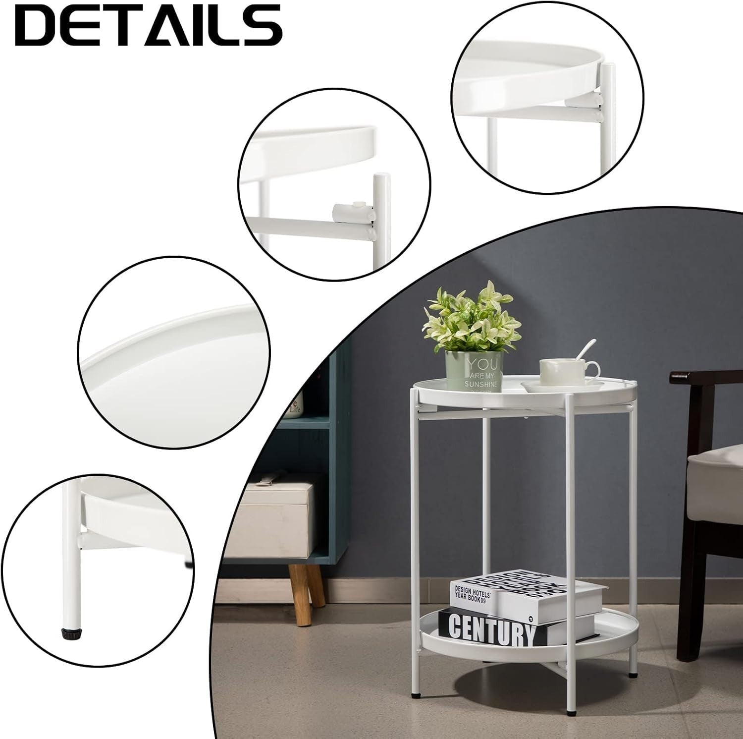 Small Round Metal Side Table 2-Tier Coffee Table Removable Tray White