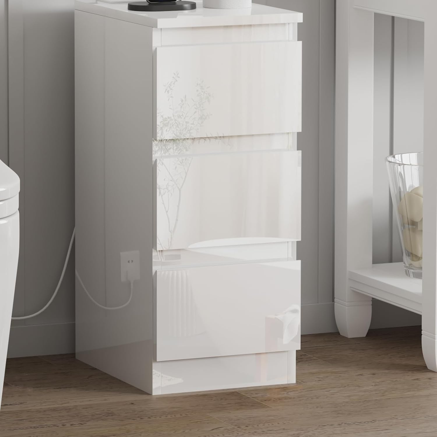 25cm Slim Bedside Table with Charging Station & 3 Drawers for Small Spaces
